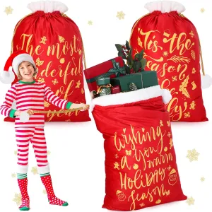 3 Pieces Christmas Santa Gift Bags Red Velvet Santa Drawstring Bags 19.7 x 27.6 Inch Large Christmas Gift Sack for Xmas Playing Santa Present Favors Gifts Christmas Supplies