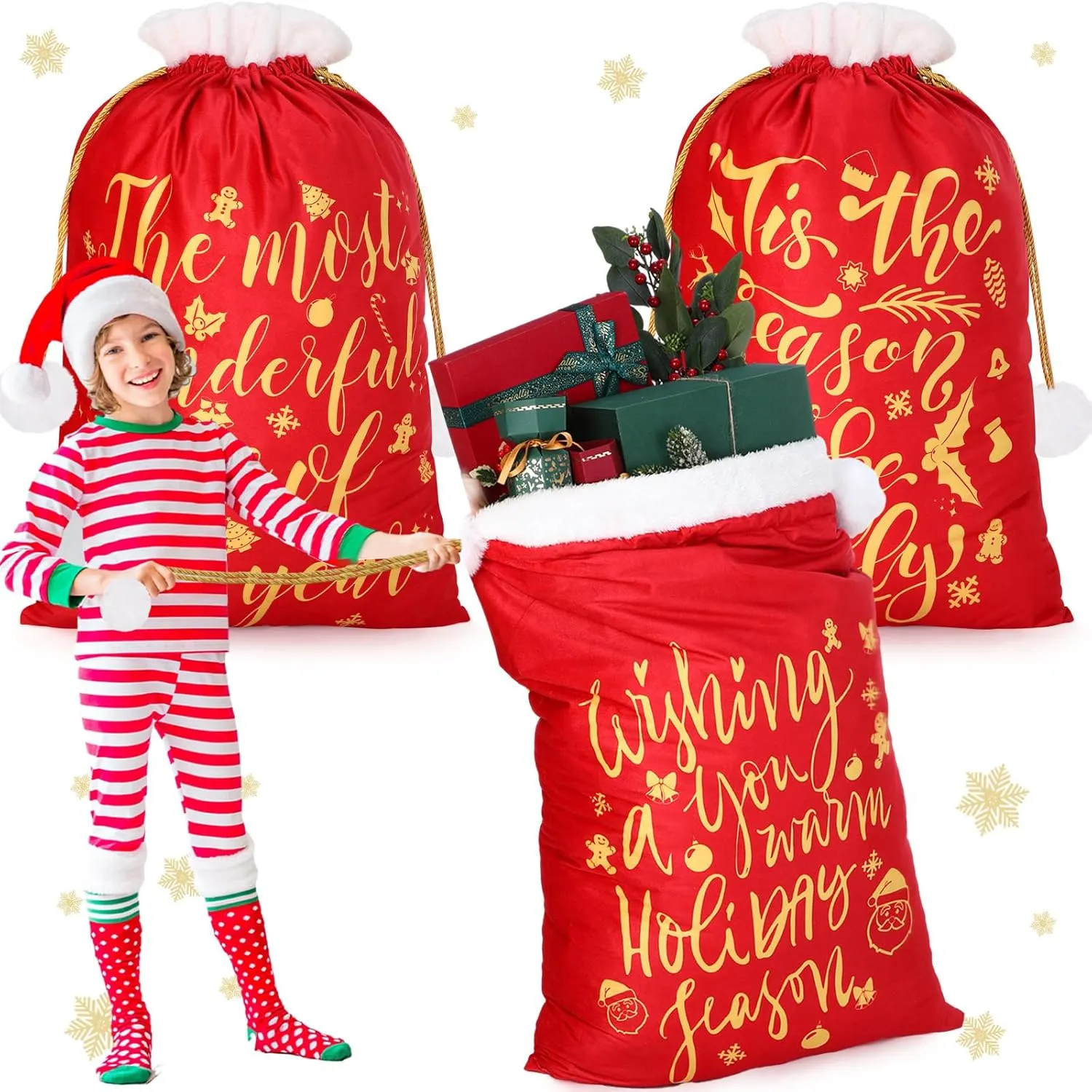 3 Pieces Christmas Santa Gift Bags Red Velvet Santa Drawstring Bags 19.7 x 27.6 Inch Large Christmas Gift Sack for Xmas Playing Santa Present Favors Gifts Christmas Supplies