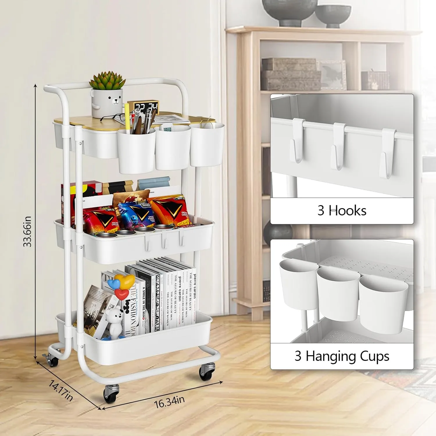 3 Tier Rolling Cart with Metal Handle, Table Top, Hanging Cups, Hooks, Plastic Storage Baskets& Wheels Lockable, Utility Cart for Bathroom Classroom Office Kitchen Pantry Organizers and Storage, White