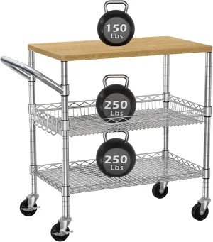 3 Tier Rolling Kitchen Carts on Wheels with Storage,650Lbs Heavy Duty Utility Carts with Wheels,Kitchen Island with Wood Tabletop,Metal Serving Rolling Cart for Small Appliance Food Cart,Wood Metal