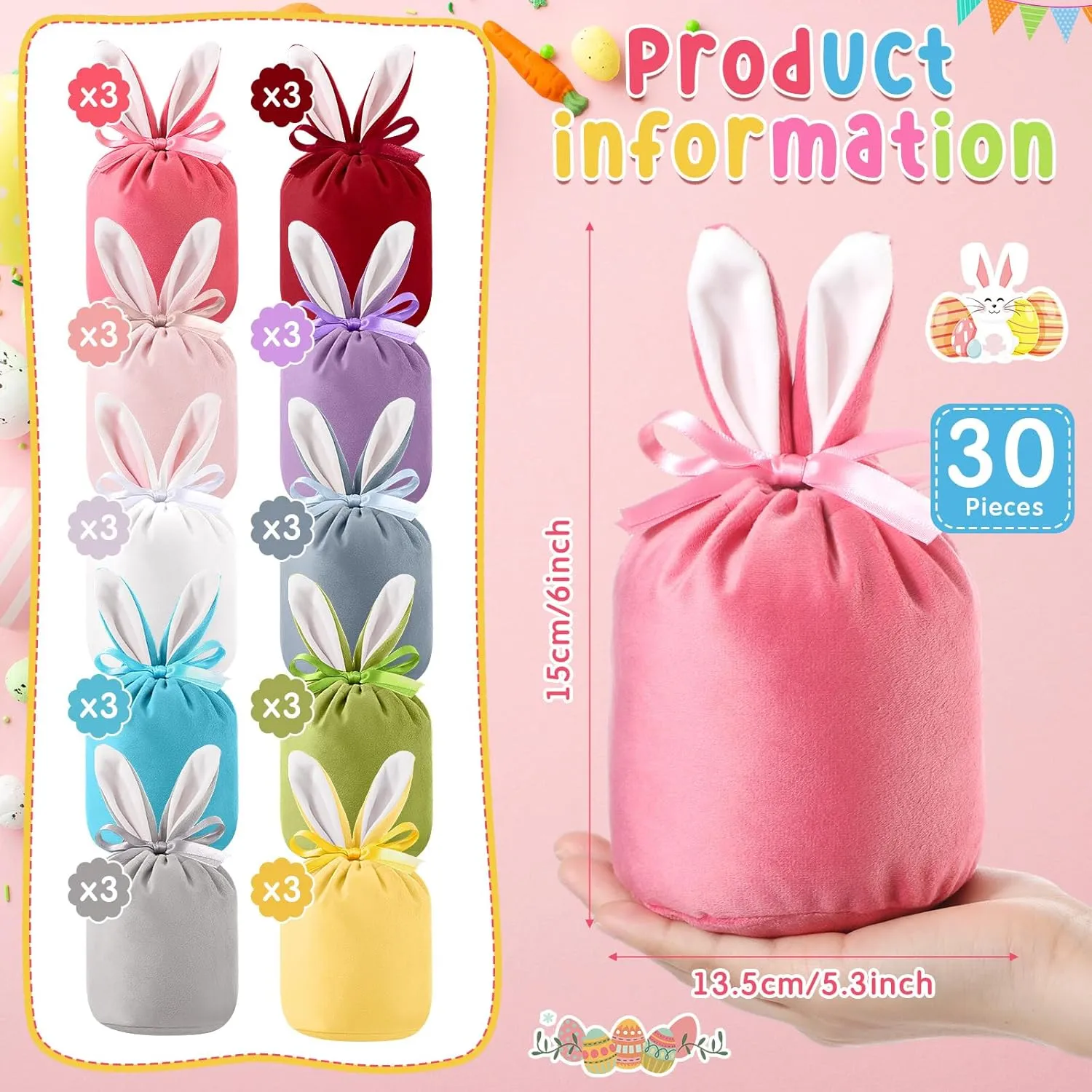 30 Pcs Easter Bunny Gift Bags with Drawstring Rabbit Ear Velvet Bags 5.3 x 6 Inch Easter Candy Treat Bunny Party Favors Egg Hunt Prizes for Baby Basket Stuffers(10 Colors)
