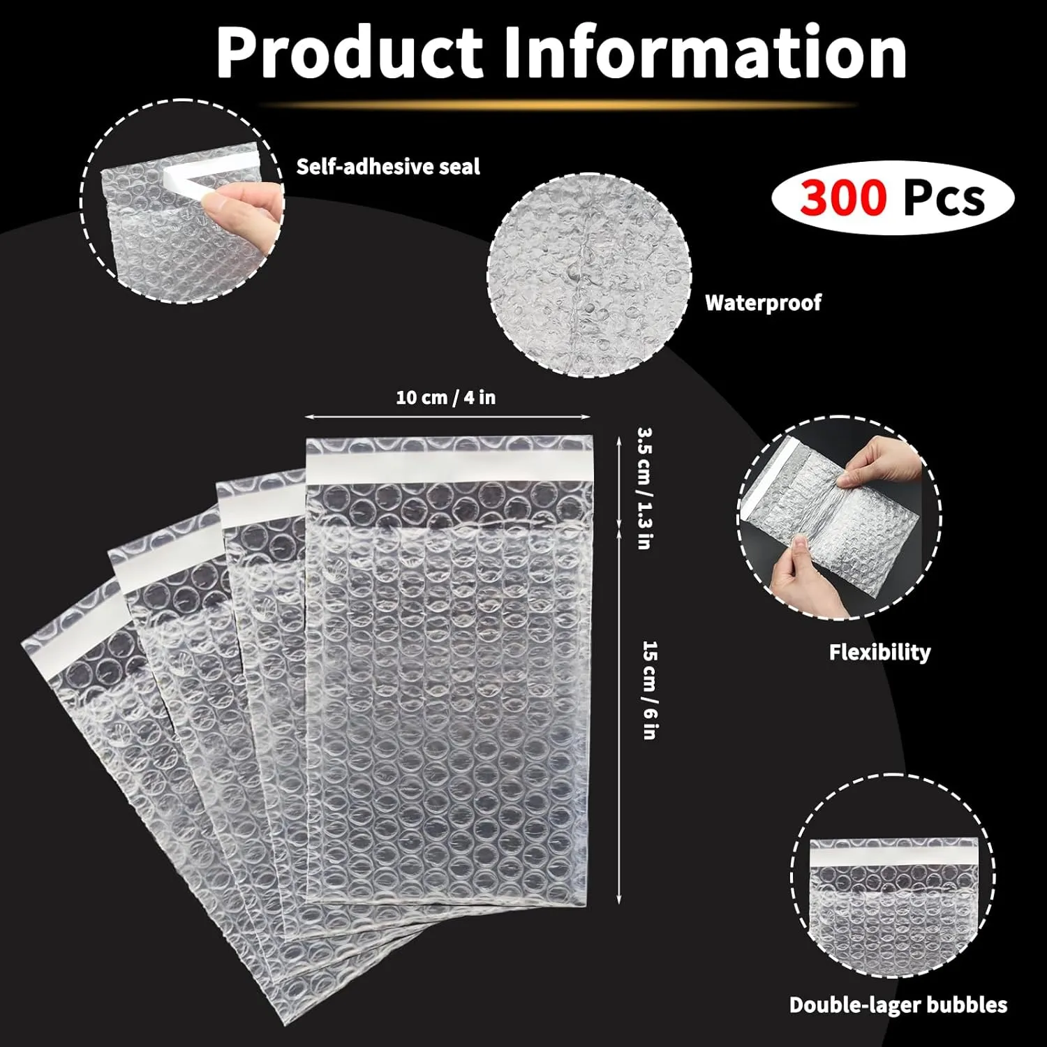 300 Pcs 4" X 6" Clear Self-Seal Bubble Wrap Pouches, Double Wall Bubble Cushioning Wrap Bag, Clear Bubble Bags Thickening Shockproof Bags for Small Business Moving Shipping Packaging Storage