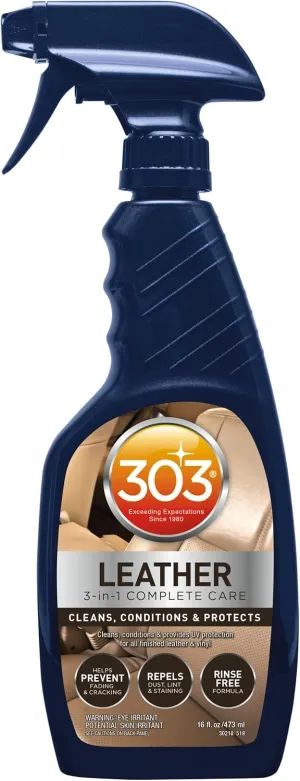 303 Products Leather 3-In-1 Complete Care - Cleans, Conditions, & Protects - Helps Prevent Fading & Cracking - Rinse Free Formula - Repels Dust, Lint, & Staining, 16 fl. oz. (30218CSR) Packaging May Vary