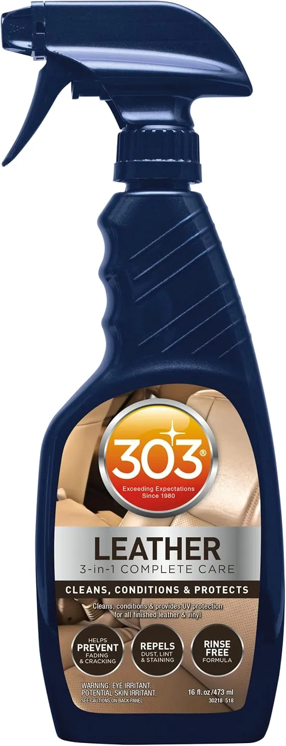 303 Products Leather 3-In-1 Complete Care - Cleans, Conditions, & Protects - Helps Prevent Fading & Cracking - Rinse Free Formula - Repels Dust, Lint, & Staining, 16 fl. oz. (30218CSR) Packaging May Vary