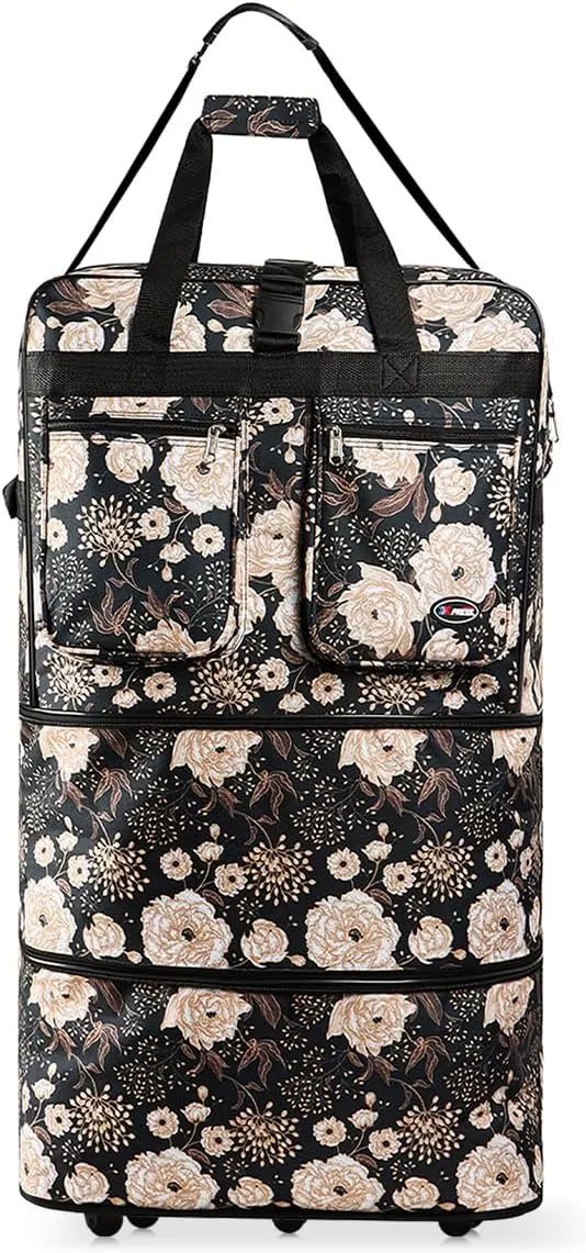 30''36''40''Rolling Wheeled Duffel Bag Suitcases with Wheels Expandable Foldable Luggage Bag Rolling Travel Bag Duffel Bag for Men Women Waterproof Suitcase-Weekend Bags#Black_White_Floral,36