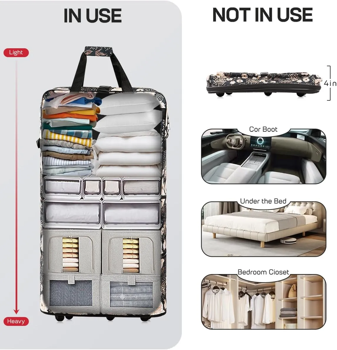 30''36''40''Rolling Wheeled Duffel Bag Suitcases with Wheels Expandable Foldable Luggage Bag Rolling Travel Bag Duffel Bag for Men Women Waterproof Suitcase-Weekend Bags#Black_White_Floral,36