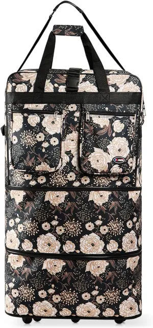 30''36''40''Rolling Wheeled Duffel Bag Suitcases with Wheels Expandable Foldable Luggage Bag Rolling Travel Bag Duffel Bag for Men Women Waterproof Suitcase-Weekend Bags#Black_White_Floral,36
