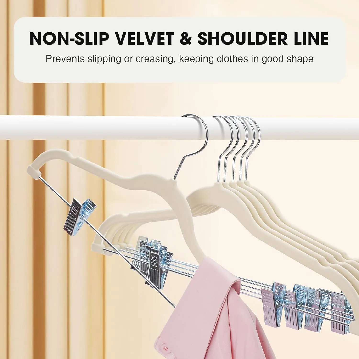 36-Pack Beige Velvet Hangers with Clips Adjustable,Adult Hangers,Heavy-Duty,Felt,Non-Slip,Space Saving,Slim Outfit Hanger for Pants, Skirts, Suits,Coats, Dresses ect.