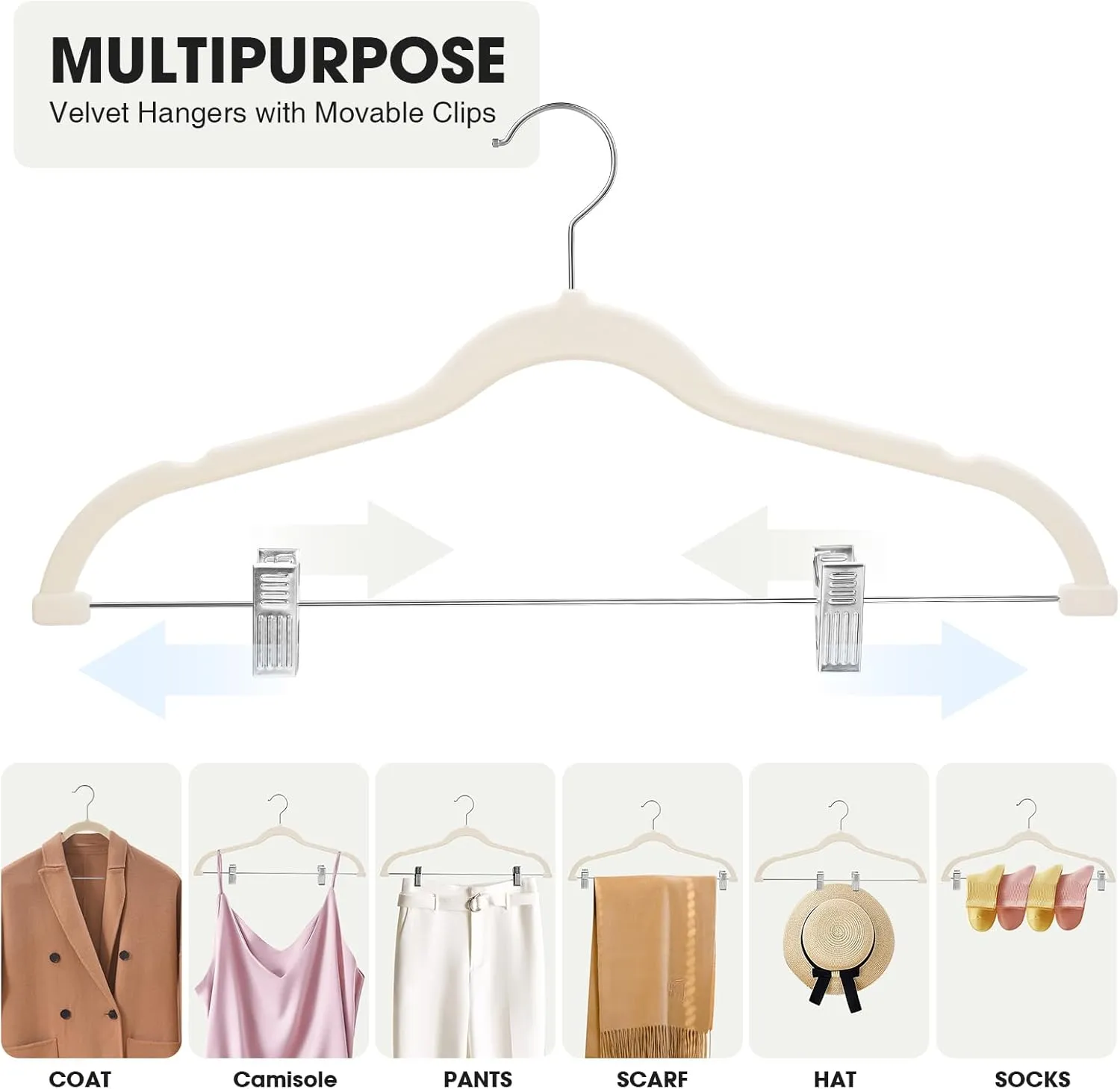 36-Pack Beige Velvet Hangers with Clips Adjustable,Adult Hangers,Heavy-Duty,Felt,Non-Slip,Space Saving,Slim Outfit Hanger for Pants, Skirts, Suits,Coats, Dresses ect.