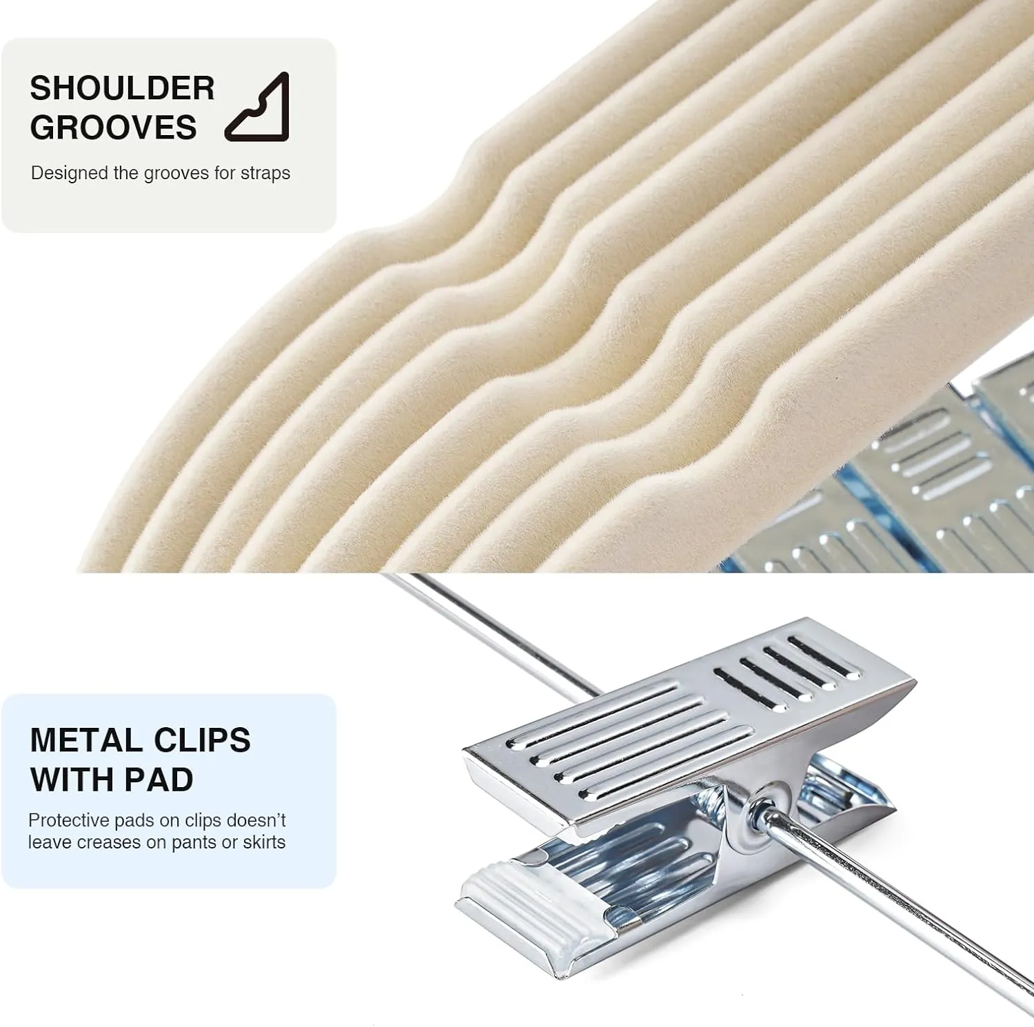 36-Pack Beige Velvet Hangers with Clips Adjustable,Adult Hangers,Heavy-Duty,Felt,Non-Slip,Space Saving,Slim Outfit Hanger for Pants, Skirts, Suits,Coats, Dresses ect.