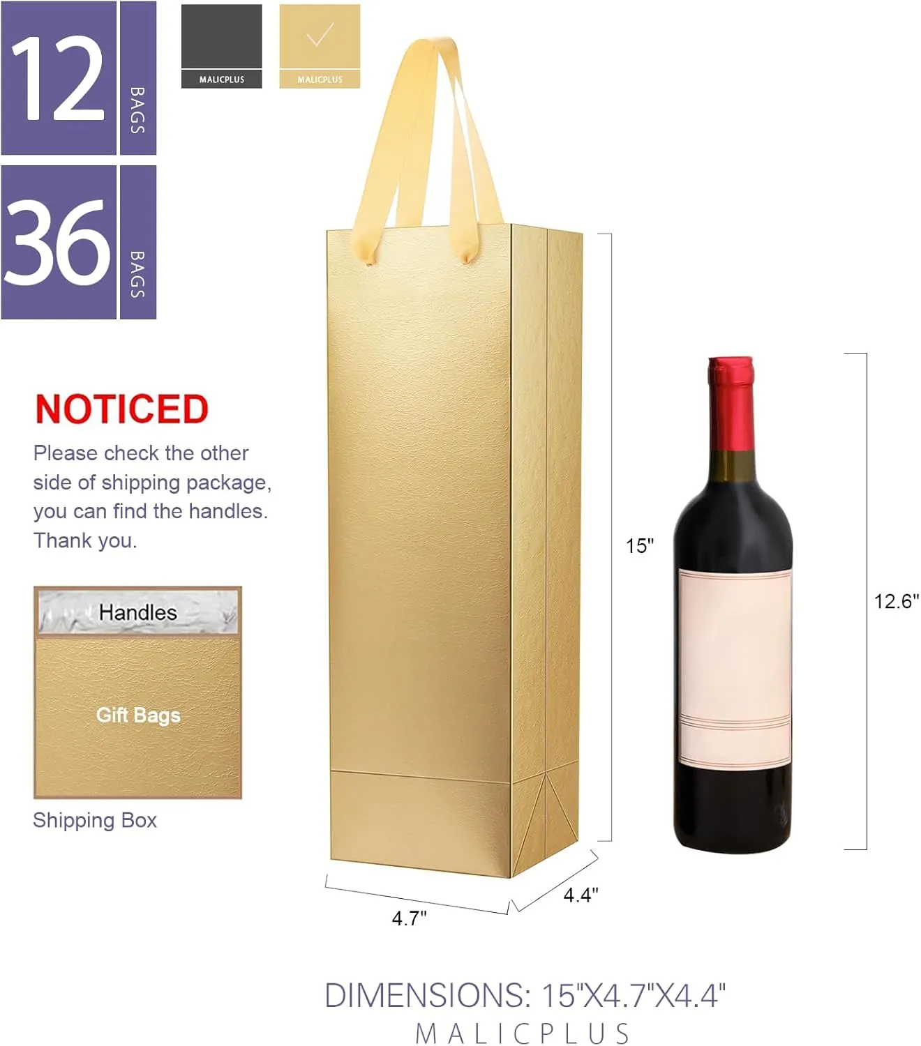 36 Wine Bottle Bags - Luxury Gold Gift Bags with Handles for Liquor & Champagne, 15x4.7x4.4 Inches, Grass Texture