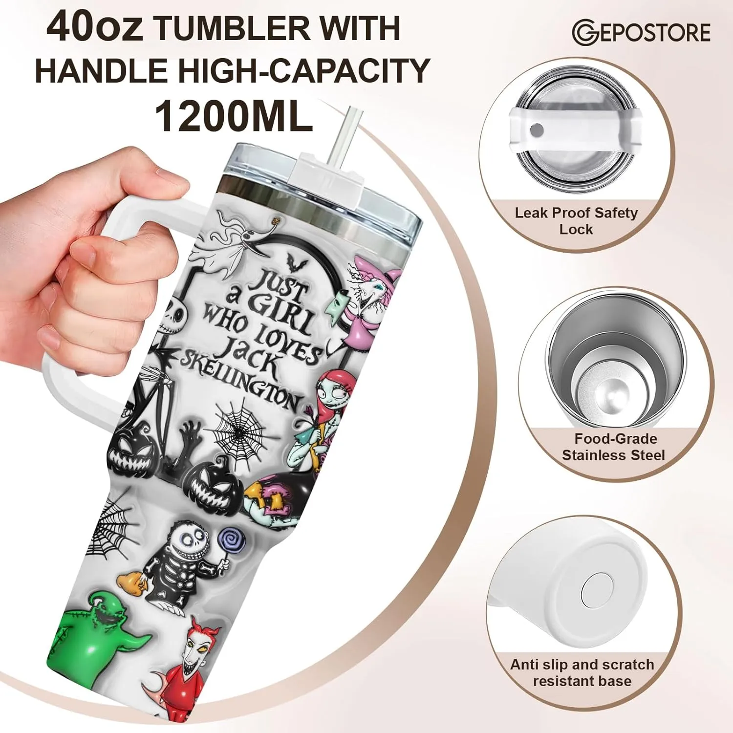 3D Tumbler with Handle and Straw - Nightmare Before Christmas Movie Cup, 40 oz, Perfect for Christmas and Birthdays