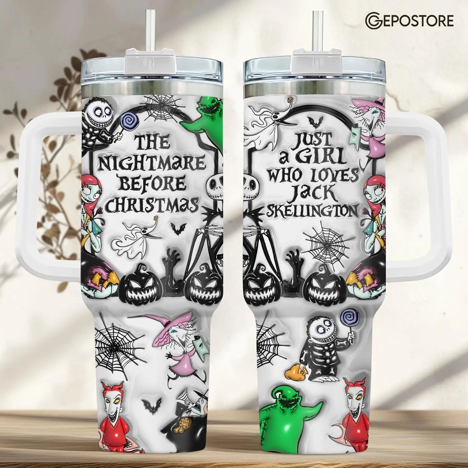 3D Tumbler with Handle and Straw - Nightmare Before Christmas Movie Cup, 40 oz, Perfect for Christmas and Birthdays