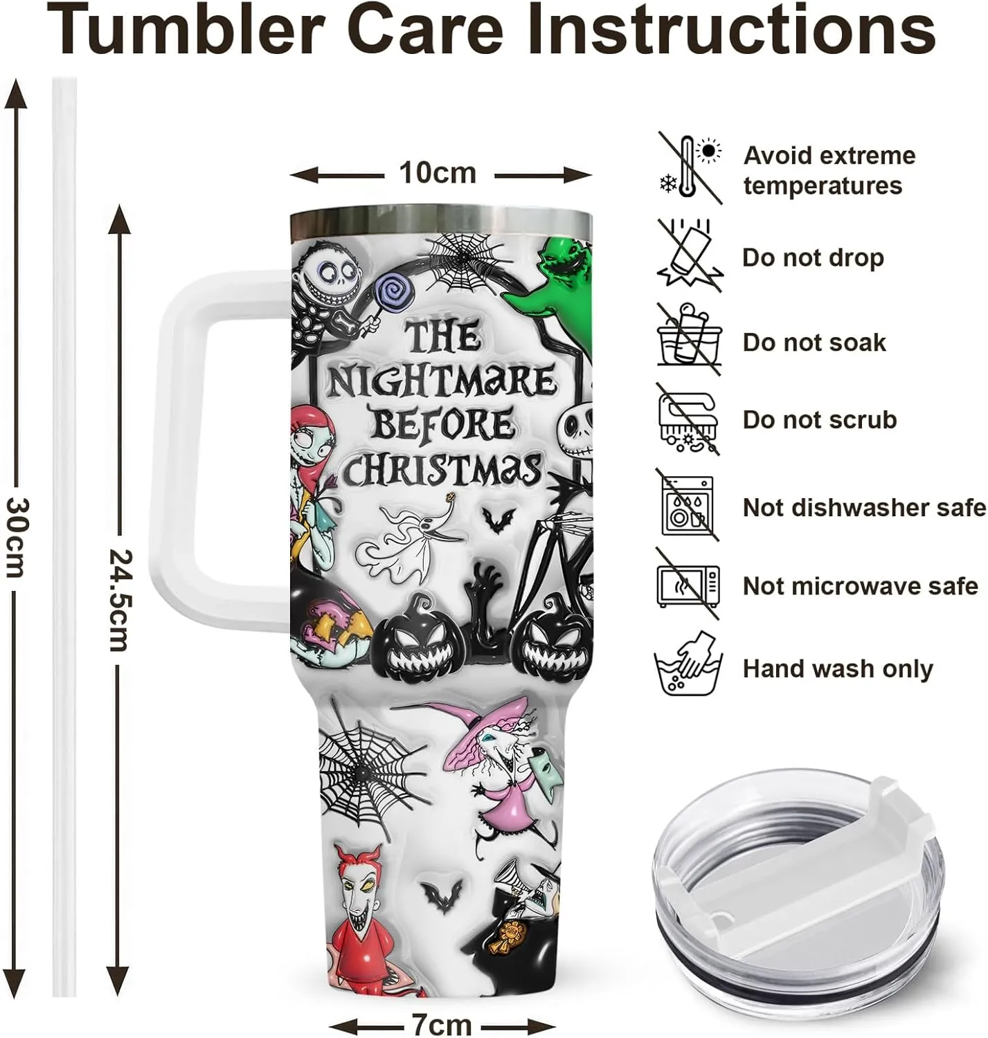 3D Tumbler with Handle and Straw - Nightmare Before Christmas Movie Cup, 40 oz, Perfect for Christmas and Birthdays