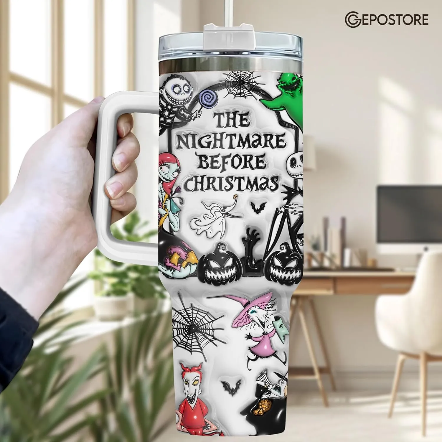 3D Tumbler with Handle and Straw - Nightmare Before Christmas Movie Cup, 40 oz, Perfect for Christmas and Birthdays