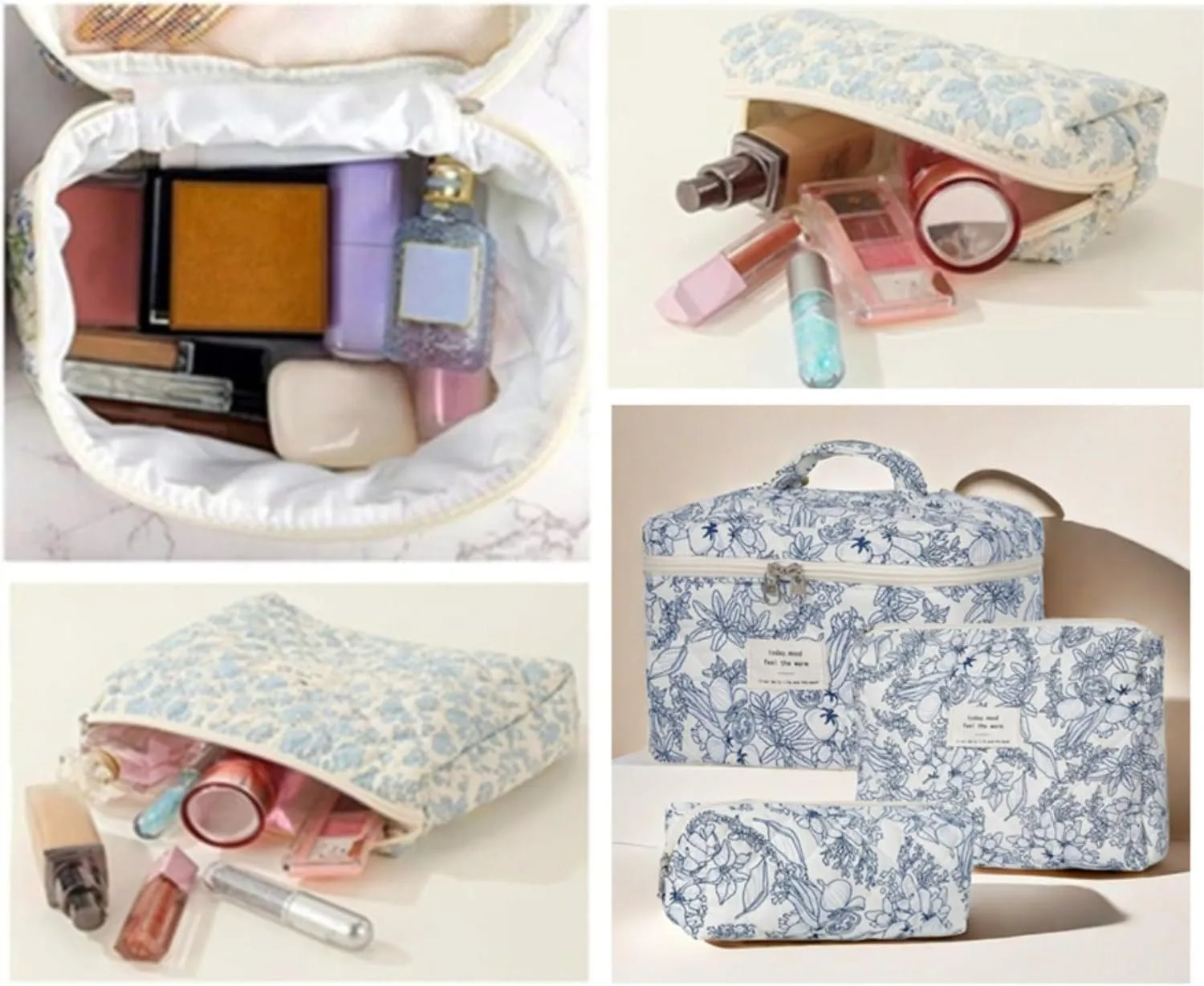 3Pcs Cotton Quilted Makeup Bag Set, Cute Floral Makeup Bags, Large Travel Coquette Make up Bag Cosmetic Bag Toiletry Organizer Bag for Women Girls (C)