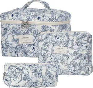 3Pcs Cotton Quilted Makeup Bag Set, Cute Floral Makeup Bags, Large Travel Coquette Make up Bag Cosmetic Bag Toiletry Organizer Bag for Women Girls (C)