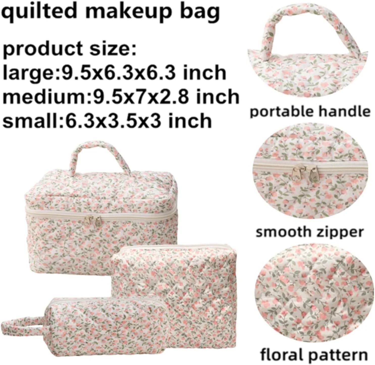 3Pcs Cotton Quilted Makeup Bag Set, Cute Floral Makeup Bags, Large Travel Coquette Make up Bag Cosmetic Bag Toiletry Organizer Bag for Women Girls (E)