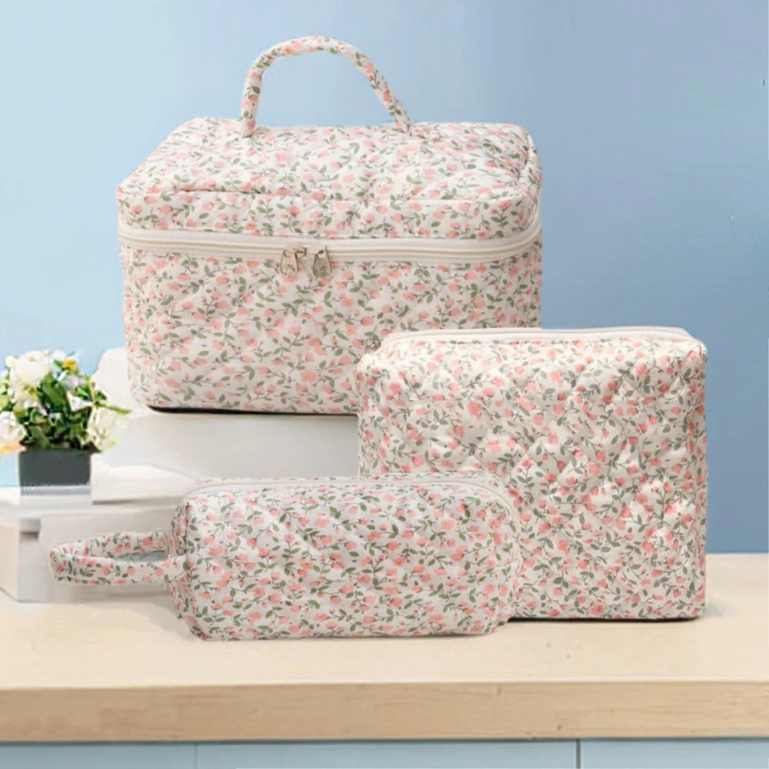 3Pcs Cotton Quilted Makeup Bag Set, Cute Floral Makeup Bags, Large Travel Coquette Make up Bag Cosmetic Bag Toiletry Organizer Bag for Women Girls (E)