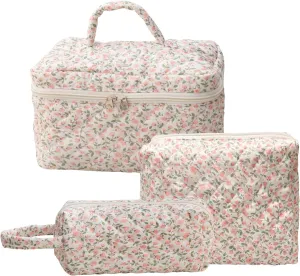 3Pcs Cotton Quilted Makeup Bag Set, Cute Floral Makeup Bags, Large Travel Coquette Make up Bag Cosmetic Bag Toiletry Organizer Bag for Women Girls (E)