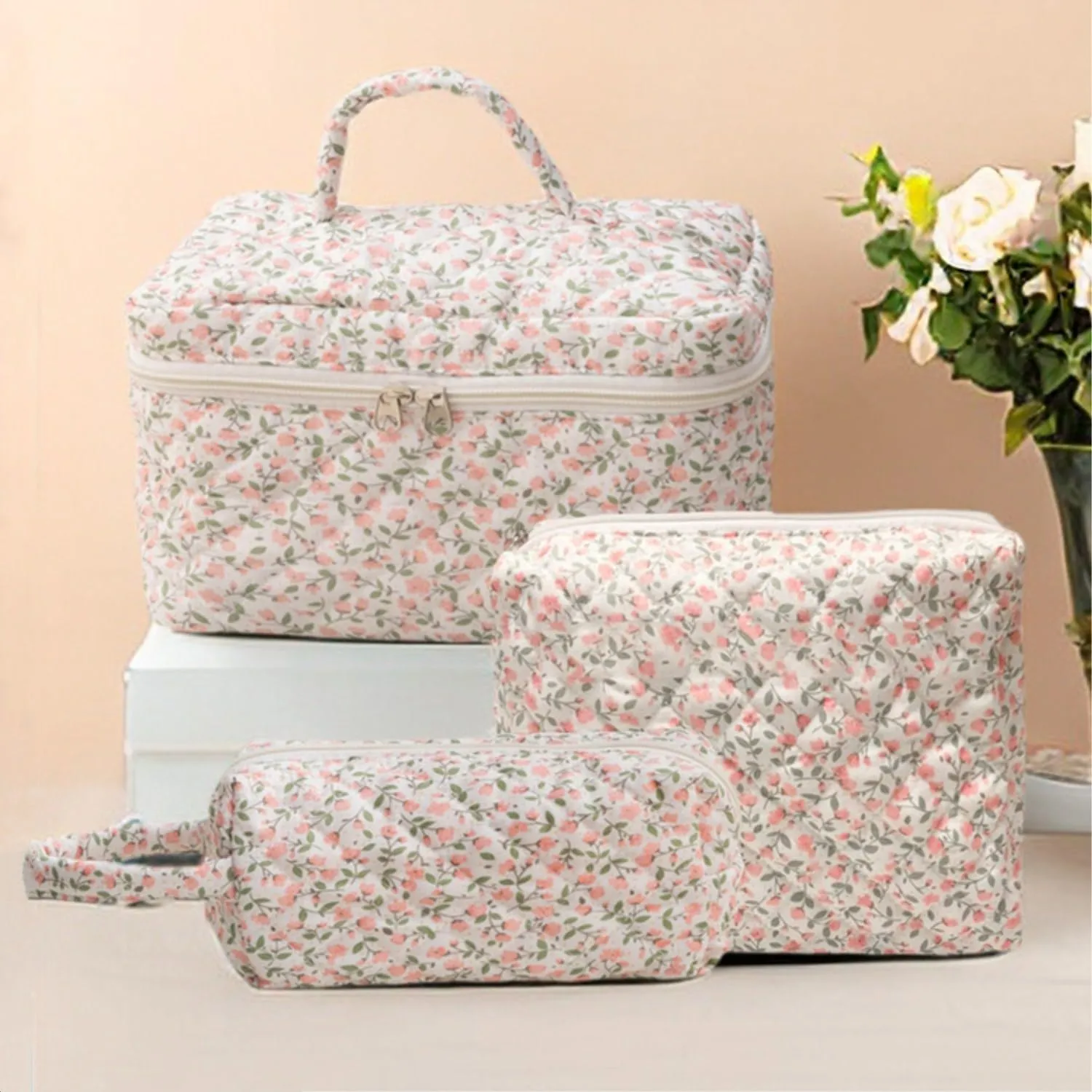 3Pcs Cotton Quilted Makeup Bag Set, Cute Floral Makeup Bags, Large Travel Coquette Make up Bag Cosmetic Bag Toiletry Organizer Bag for Women Girls (E)