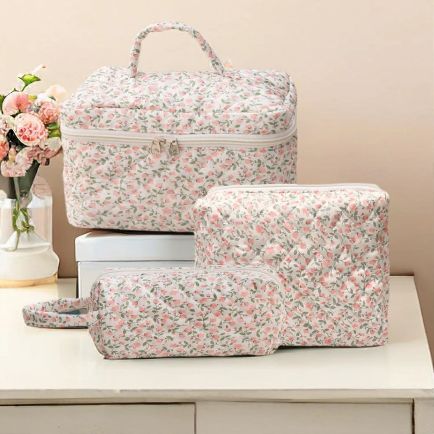 3Pcs Cotton Quilted Makeup Bag Set, Cute Floral Makeup Bags, Large Travel Coquette Make up Bag Cosmetic Bag Toiletry Organizer Bag for Women Girls (E)