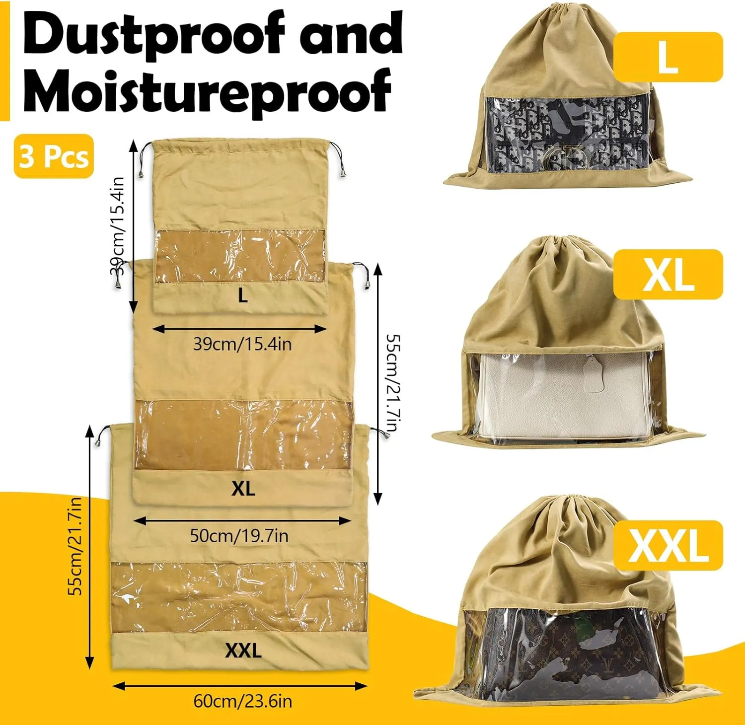 3Pcs Dust Bags for Handbags and Purses, Velvet Drawstring Purse Protector Bag with Clear Window, Shoe Handbag Dust Cover Bags for Storage and Travel, 3 Sizes, Khaki
