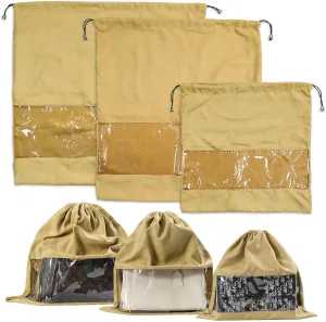 3Pcs Dust Bags for Handbags and Purses, Velvet Drawstring Purse Protector Bag with Clear Window, Shoe Handbag Dust Cover Bags for Storage and Travel, 3 Sizes, Khaki