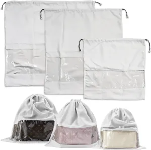 3Pcs Dust Bags for Handbags and Purses, Velvet Drawstring Purse Protector Bag with Clear Window, Shoe Handbag Dust Cover Bags for Storage and Travel, 3 Sizes,Grey