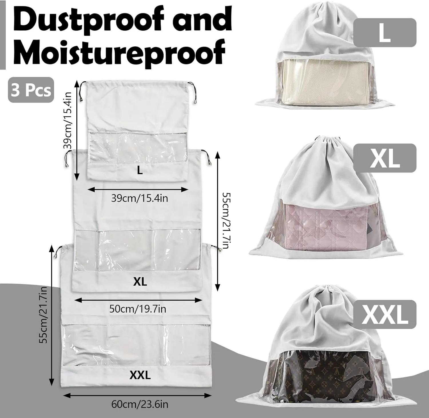 3Pcs Dust Bags for Handbags and Purses, Velvet Drawstring Purse Protector Bag with Clear Window, Shoe Handbag Dust Cover Bags for Storage and Travel, 3 Sizes,Grey