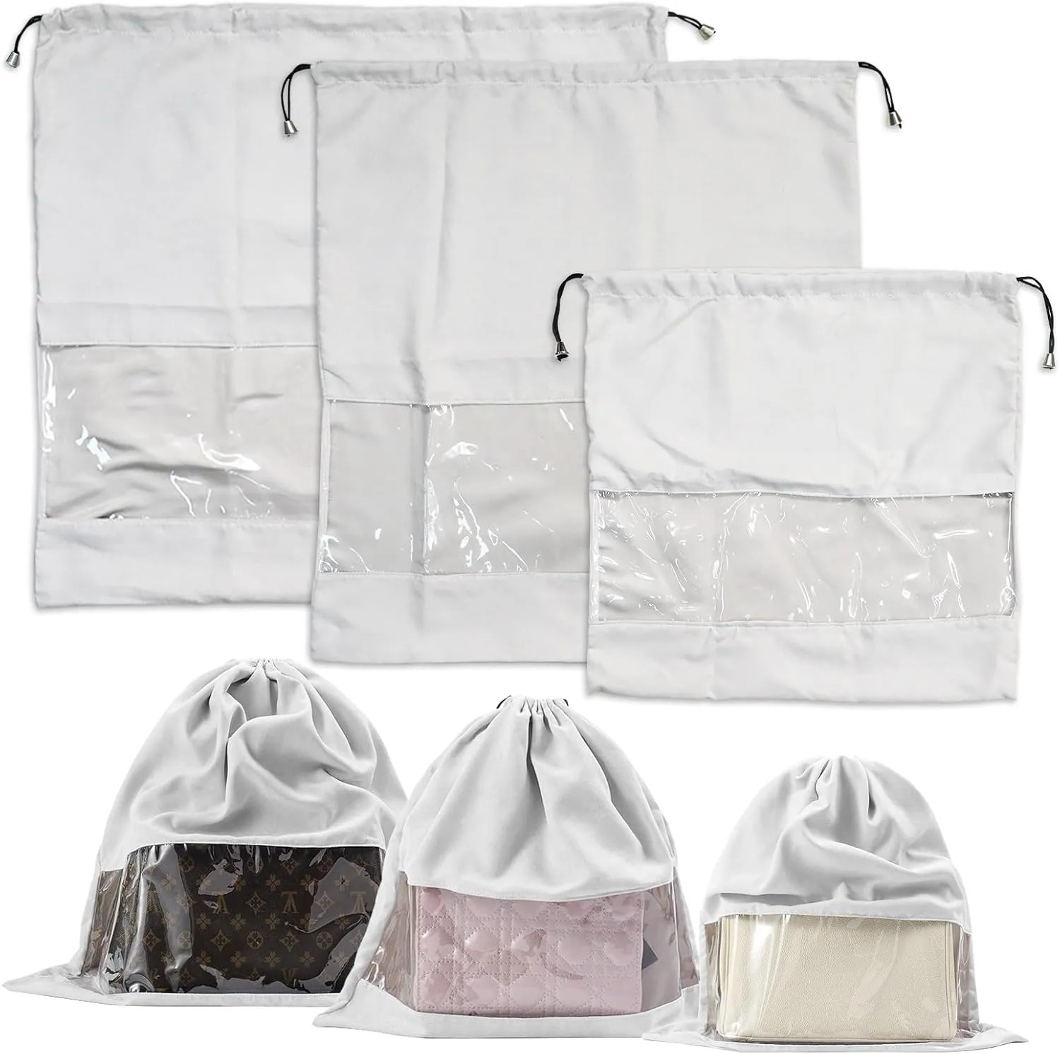 3Pcs Dust Bags for Handbags and Purses, Velvet Drawstring Purse Protector Bag with Clear Window, Shoe Handbag Dust Cover Bags for Storage and Travel, 3 Sizes,Grey