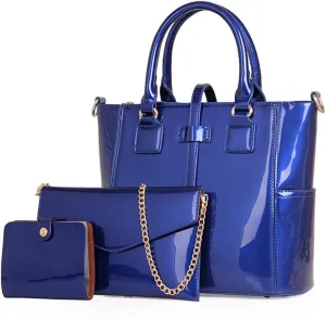 3PCS Set Shoulder Handbag for Women Patent Leather Top-handle Purse Glossy Shopper Work Crossbody Satchel