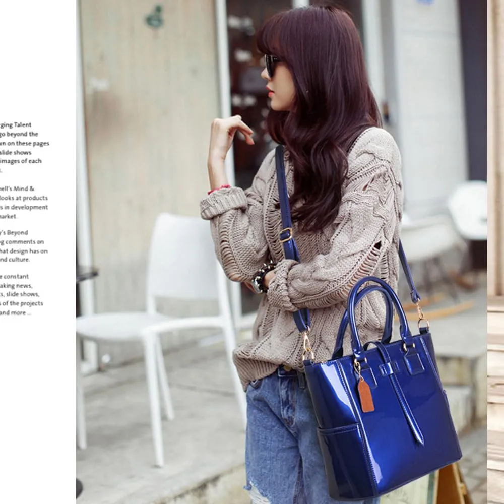 3PCS Set Shoulder Handbag for Women Patent Leather Top-handle Purse Glossy Shopper Work Crossbody Satchel