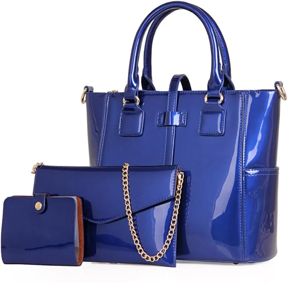 3PCS Set Shoulder Handbag for Women Patent Leather Top-handle Purse Glossy Shopper Work Crossbody Satchel