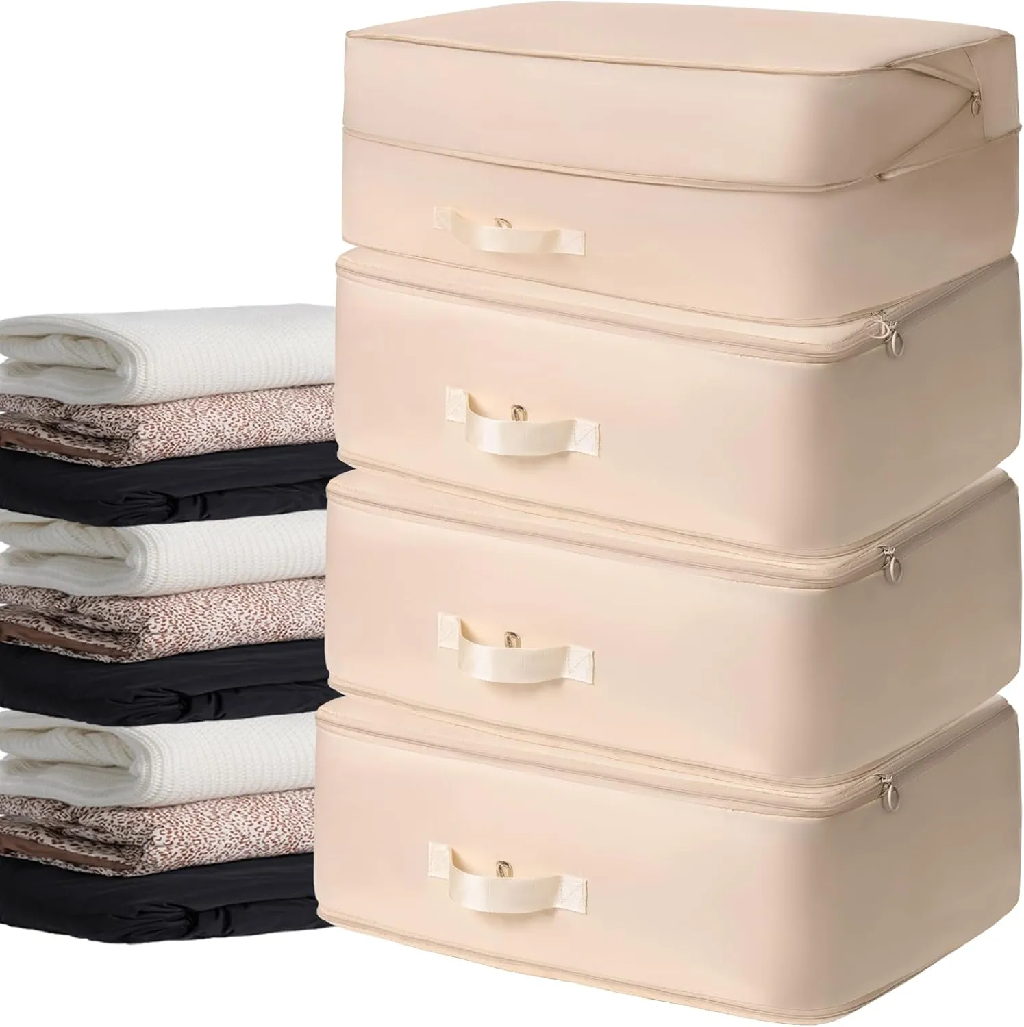 4 Pack Compression Bags for Storage,Ultra Space Saving Self Compression Organizer Bags,Sweater Organizer for Closet,Clothes Storage Bag (Beige,Large)