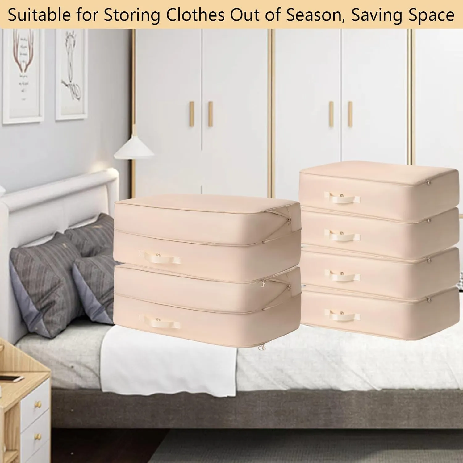 4 Pack Compression Bags for Storage,Ultra Space Saving Self Compression Organizer Bags,Sweater Organizer for Closet,Clothes Storage Bag (Beige,Large)