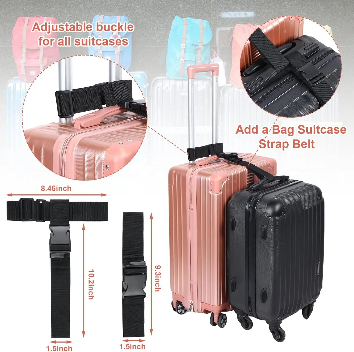 4 Pack Luggage Straps Set, Add a Bag Luggage Straps, TSA Approved Suitcase Straps Accessories with Buckles for Travel Family(Black, Medium)