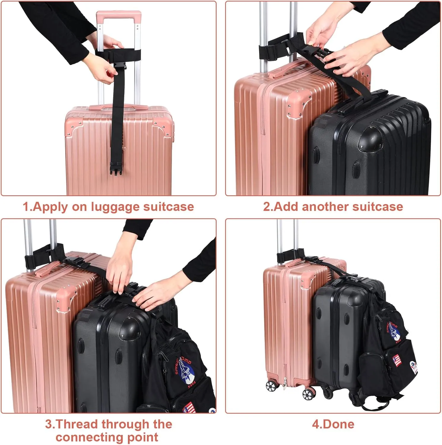 4 Pack Luggage Straps Set, Add a Bag Luggage Straps, TSA Approved Suitcase Straps Accessories with Buckles for Travel Family(Black, Medium)