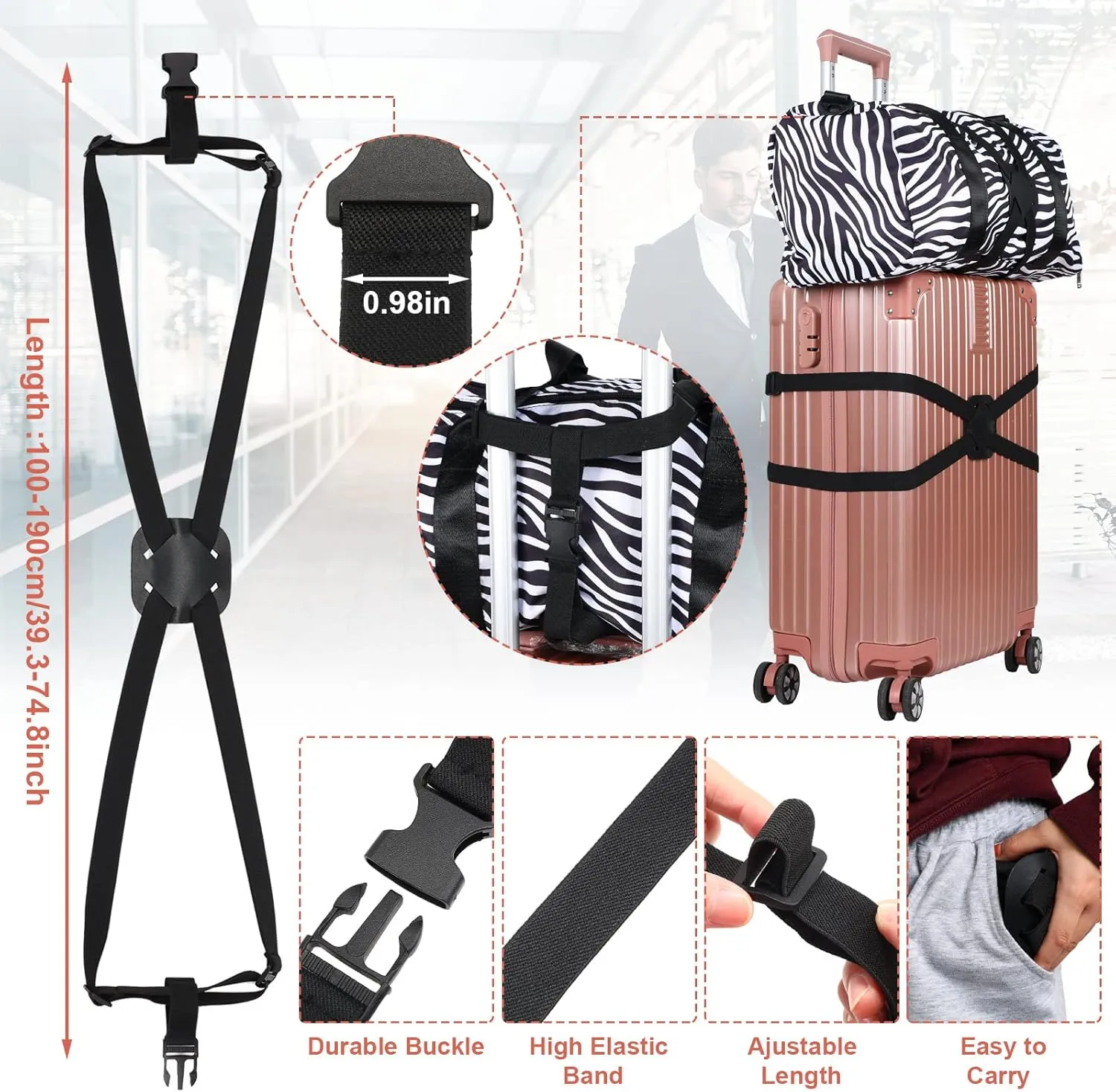 4 Pack Luggage Straps Set, Add a Bag Luggage Straps, TSA Approved Suitcase Straps Accessories with Buckles for Travel Family(Black, Medium)