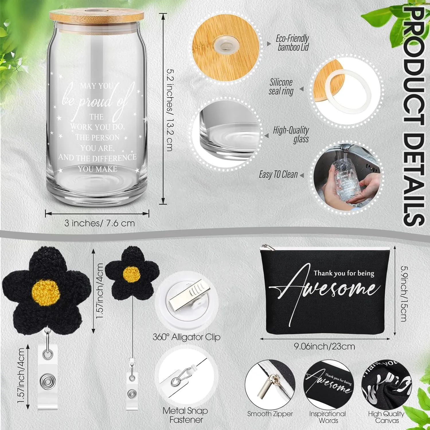4 Pcs Nurse Appreciation Gift 16oz Glass Cup Tote Bag Makeup Bag Badge Reel Work Anniversary Thank You Baskets for Women Employee Teacher Coworker Staff Gift(Black)