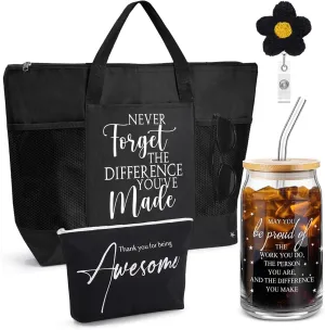 4 Pcs Nurse Appreciation Gift 16oz Glass Cup Tote Bag Makeup Bag Badge Reel Work Anniversary Thank You Baskets for Women Employee Teacher Coworker Staff Gift(Black)
