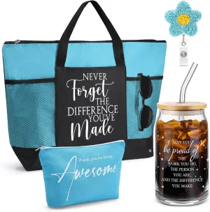4 Pcs Nurse Appreciation Gift 16oz Glass Cup Tote Bag Makeup Bag Badge Reel Work Anniversary Thank You Baskets for Women Employee Teacher Coworker Staff Gift(Blue)