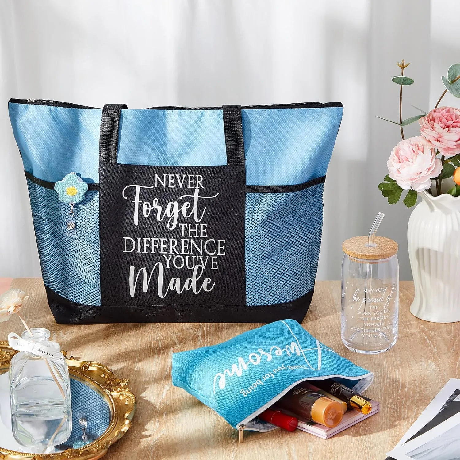 4 Pcs Nurse Appreciation Gift 16oz Glass Cup Tote Bag Makeup Bag Badge Reel Work Anniversary Thank You Baskets for Women Employee Teacher Coworker Staff Gift(Blue)