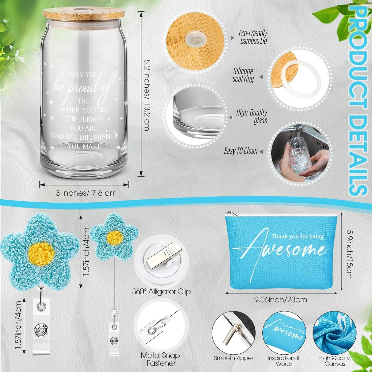 4 Pcs Nurse Appreciation Gift 16oz Glass Cup Tote Bag Makeup Bag Badge Reel Work Anniversary Thank You Baskets for Women Employee Teacher Coworker Staff Gift(Blue)