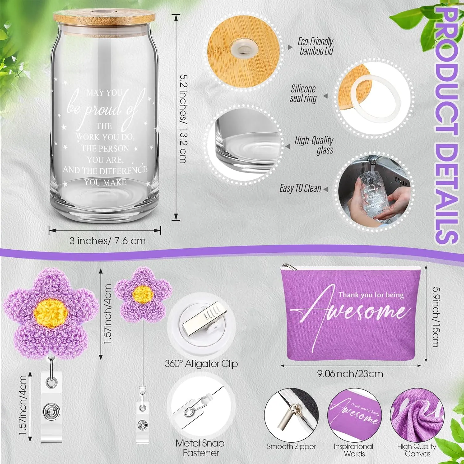 4 Pcs Nurse Appreciation Gift 16oz Glass Cup Tote Bag Makeup Bag Badge Reel Work Anniversary Thank You Baskets for Women Employee Teacher Coworker Staff Gift(Purple)