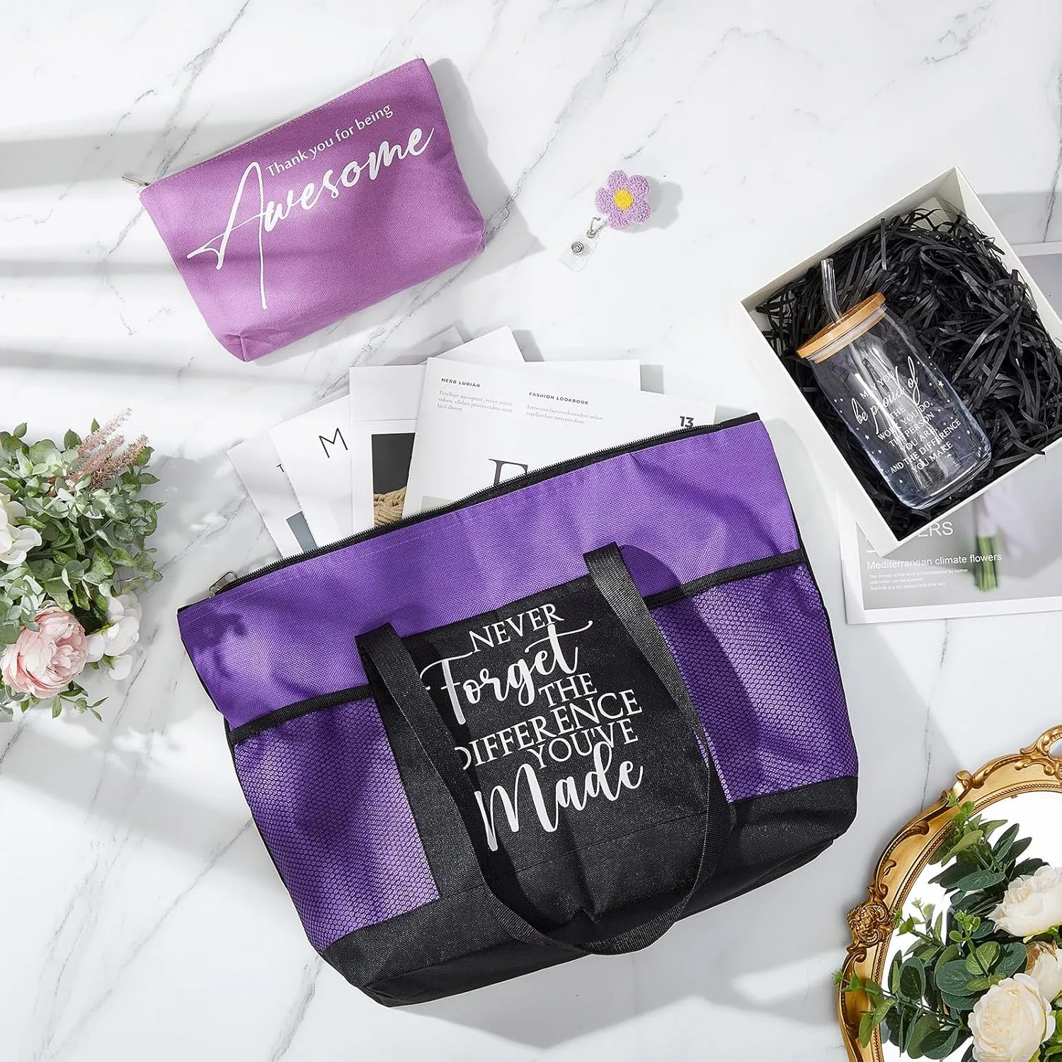 4 Pcs Nurse Appreciation Gift 16oz Glass Cup Tote Bag Makeup Bag Badge Reel Work Anniversary Thank You Baskets for Women Employee Teacher Coworker Staff Gift(Purple)