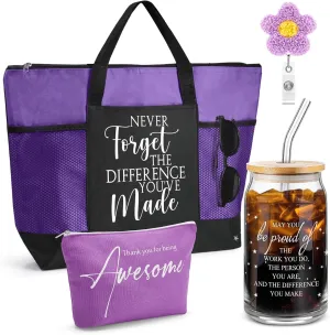 4 Pcs Nurse Appreciation Gift 16oz Glass Cup Tote Bag Makeup Bag Badge Reel Work Anniversary Thank You Baskets for Women Employee Teacher Coworker Staff Gift(Purple)