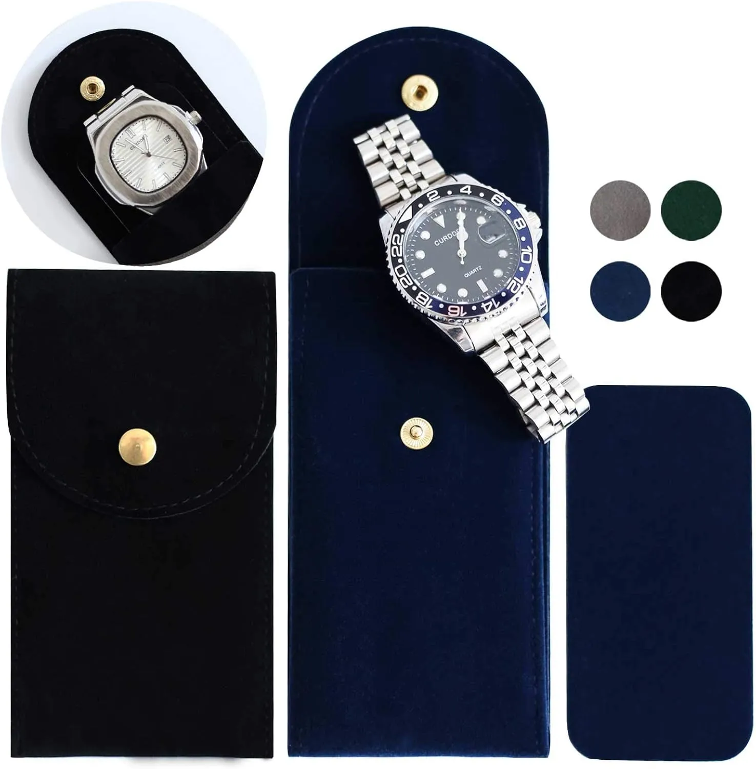 4 PCS Watch Travel Case for Men and Women Portable Velvet Watch Pouch Watch Storage Bag and Organizer (2BLACK 2BLUE)