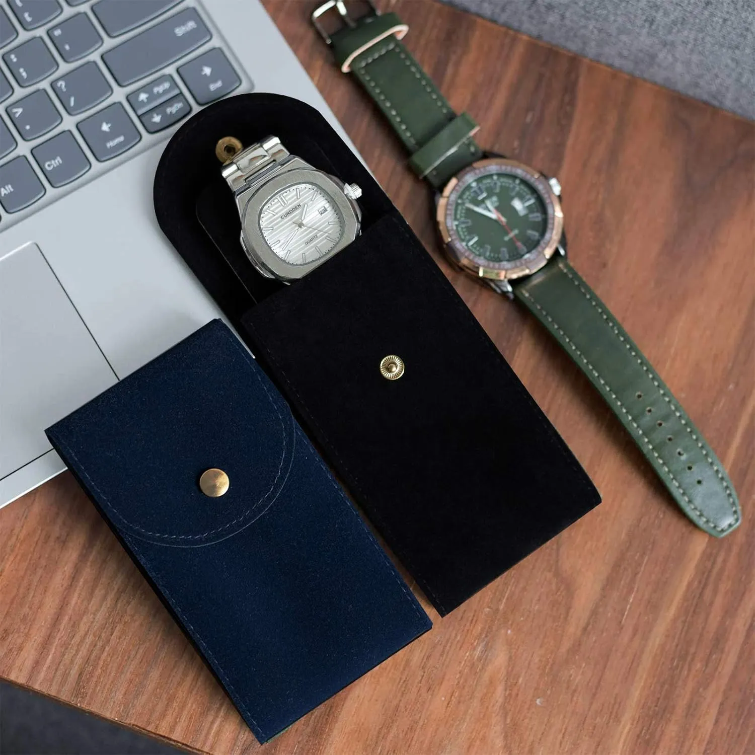 4 PCS Watch Travel Case for Men and Women Portable Velvet Watch Pouch Watch Storage Bag and Organizer (2BLACK 2BLUE)