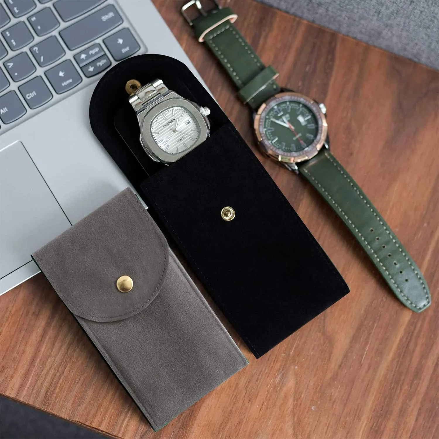 4 PCS Watch Travel Case for Men and Women Portable Velvet Watch Pouch Watch Storage Bag and Organizer (2BLACK 2GRAY)